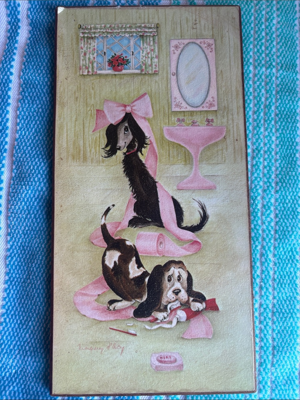 Vintage Mid-Century Margery d'Arcy "Pups in the Powder Room" Wood Plaque Art